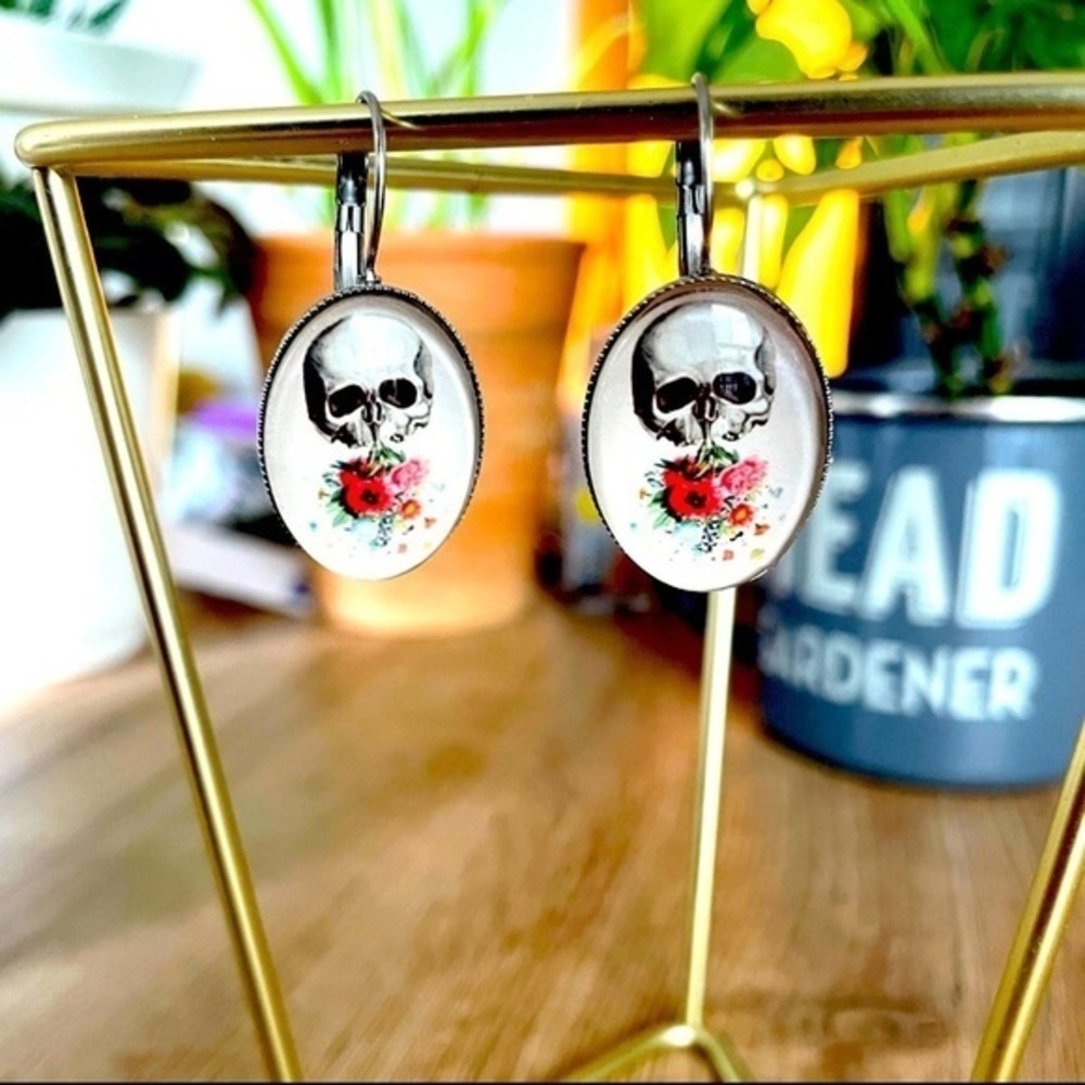 Skull and Flowers Stainless Steel and Glass Earrings, NWT, Handmade